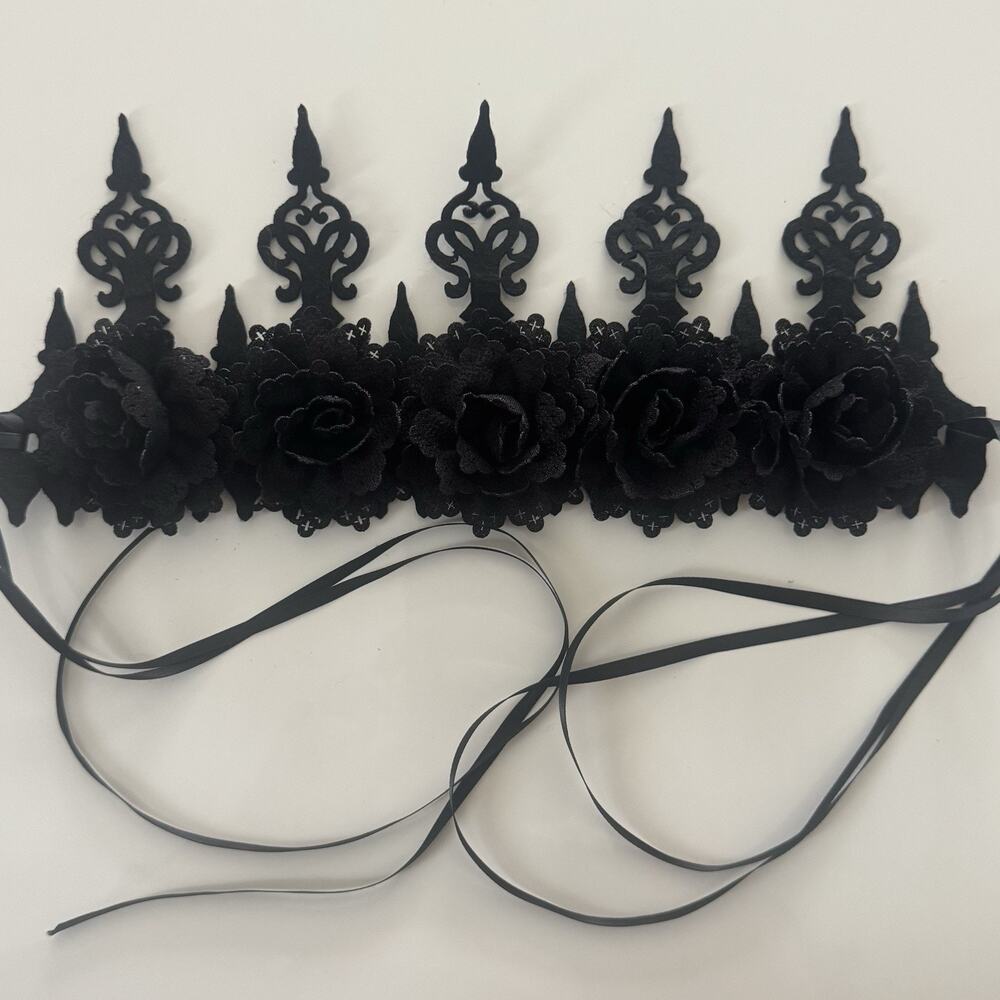 Black Rose Flower Crown Women Girls Tie On Gothic Floral Headband Costume